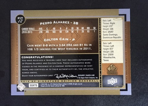 Pedro ALVAREZ & Colton Cain Pirates 2012 SP Signature Edition DUAL AUTO Mint