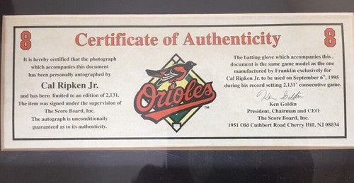 Cal Ripken Signed Photo Batting Glove Le 2131 Game Framed Goldin Coa Autograph
