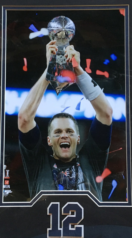 Tom Brady Patriots GOAT Trophy photo 5 ticket patch collage framed SB 51 MVP