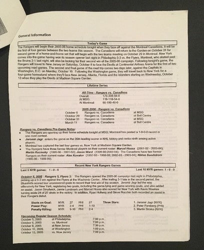 NY RANGERS BROADWAY BLUE PROGRAM 2005 OPENING NIght Media Notes Lundqvist Rookie