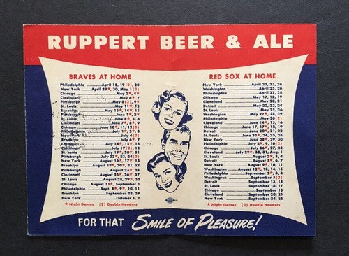 1949 ORIGINAL SCHEDULE CARD Boston RED SOX & BRAVES RUPPERT ALE BEER Rare Crisp