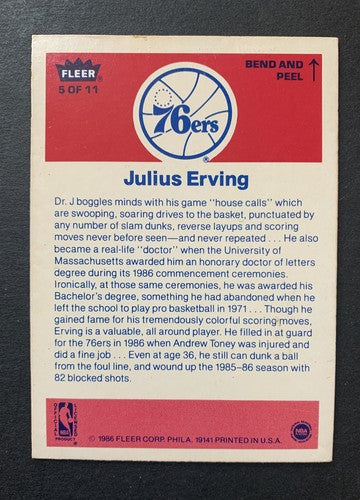 1986 FLEER STICKER JULIUS ERVING DR J #5 Nm Near Mint CENTERED No Wax On Back