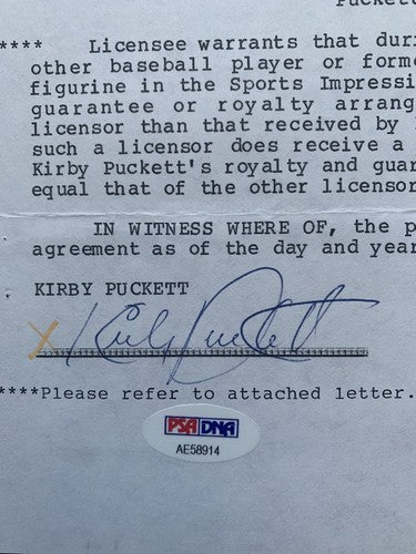 Kirby Puckett signed Twins Original Contract Sports Impressions 1/1 Auto HOF Psa