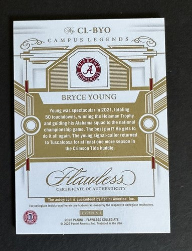 BRYCE YOUNG 2022 Flawless GOLD Campus Legends MINT ON CARD Rookie Auto 10/10 Rc