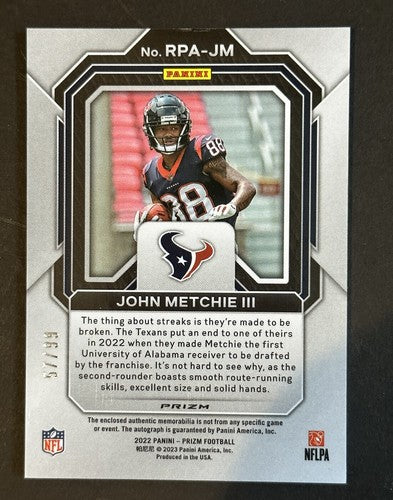 John Metchie III 2022 Panini Silver Prizm /99 RPA Auto Case Hit RC Patch