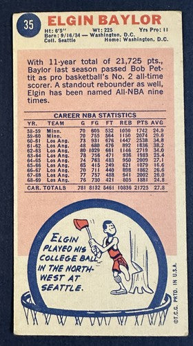 1969-70 Topps Basketball Elgin Baylor #35 Lakers Ex Condition Hof