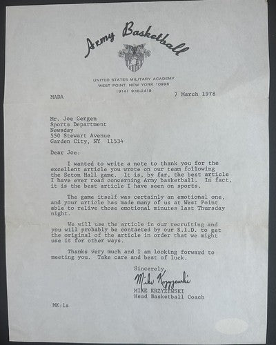 Mike Krzyzewski Army Basketball Signed 1978 Letter To Newsday Duke Auto Psa Coa