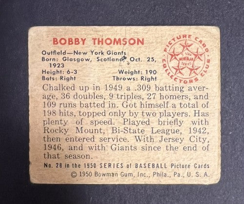 Bobby Thomson Hand Signed 1950 Bowman Mint Auto Giants Ebbets CBM COA