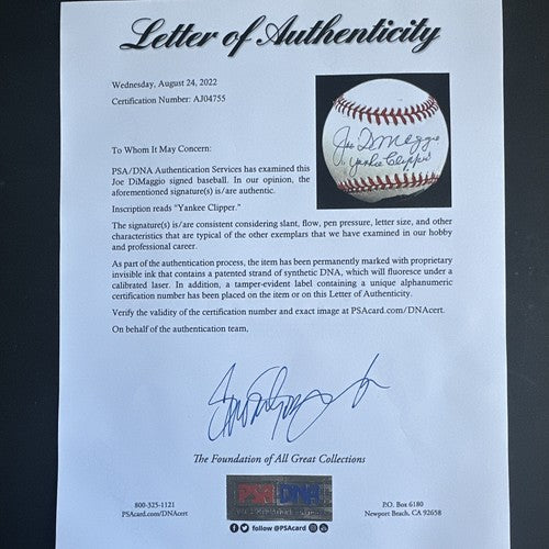 Joe DiMaggio Yankees Signed Photo Baseball Yankee Clipper MINT Auto Psa Coa Hof