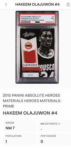 2015-16 Panini Absolute Heroes Materials Prime /25 Hakeem Olajuwon Hof Psa Pop 1