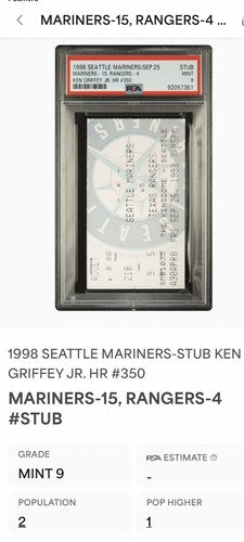 Ken Griffey Jr HR #350 & 56 Homerun Ticket Stub 1998 Psa 9 Mint Pop 2 Mariners