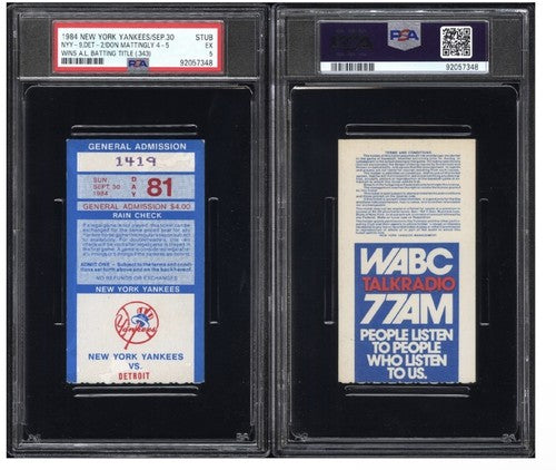 Don Mattingly Yankees 1984 Final Game Ticket Stub 4-5 Batting Title Psa 5 Pop 1
