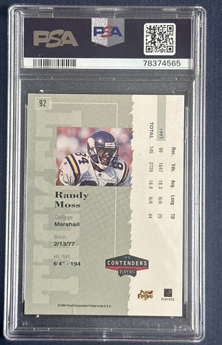 1998 Playoff Contenders Randy Moss ROOKIE RC #92 PSA 7 Auto RARE Vikings Hof