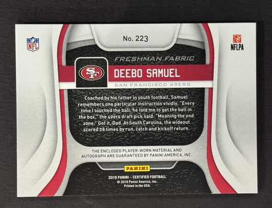 2019 Panini Certified Deebo Samuel RPA Freshman Fabric Rookie Auto Patch /299 Rc