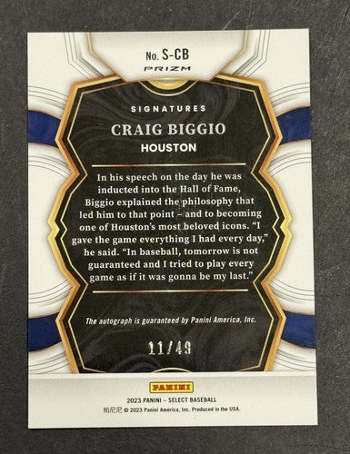 Craig Biggio 2023 Select Signatures Refractor Auto S-CB Houston Astros /49 HOF