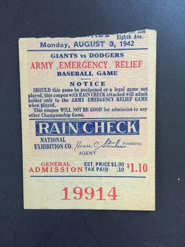 1942 Army WAR Relief Game Program Ticket BROOKLYN Dodgers Giants Polo Grounds