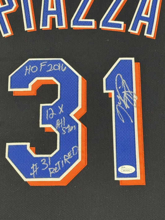 Mike Piazza Signed Stat Jersey Framed Mets HOF 2016 #31 Retired 12x A.S Auto JSA