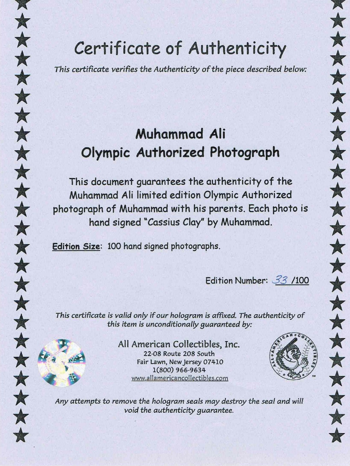 Muhammad Ali Signed Cassius Clay 11x14 Photo rare auto pics Proof coa LE /100