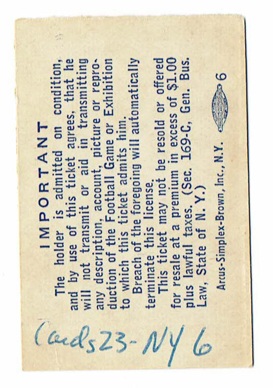 1958 New York Giants FOOTBALL Ticket Stub Yankee Stadium NM NFL GIFFORD oct 19