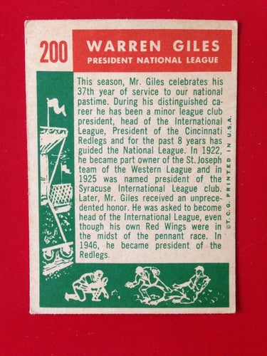 1959 Topps Warren Giles President Card # 200 Ex + - Nm No Creases
