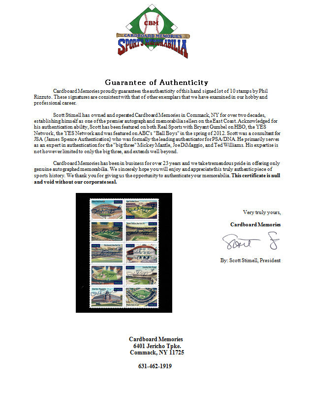 Phil Rizzuto yankees signed Stamp sheet Ballpark 34 Stamps 10 auto CBM COA 1/1