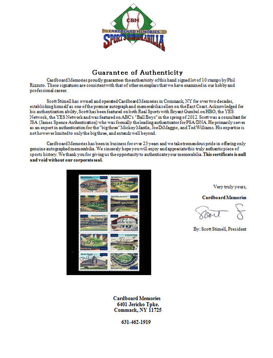 Phil Rizzuto yankees signed Stamp sheet Ballpark 34 Stamps 10 auto CBM COA 1/1