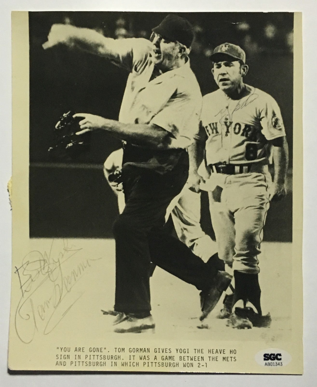 Yogi Berra Tom Gorman Dual Signed ejection 8x10 original wire photo Hof SGC Coa