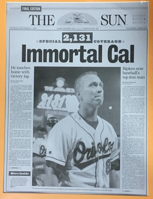 Cal Ripken Jr 2131 Iron Man Record 9/7/ 1995 Baltimore Sun printing plate framed