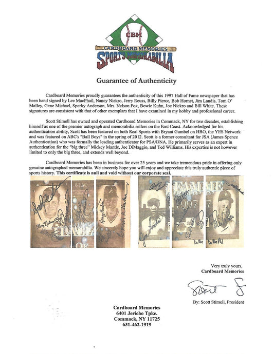 1997 Baseball HoF signed Newspaper Sparky Anderson bowie kuhn 16 auto CBM COA