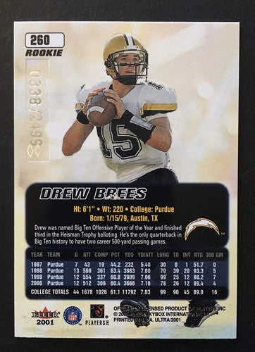 Drew Brees Fleer Ultra 2001 Rookie card # 260 Mint Le /2499 Rc