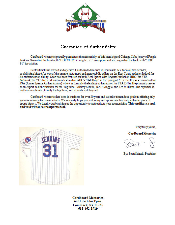 Fergie Jenkins Signed Cubs Authentic Stat Jersey HOF 91 CY Young NL 71 Auto COA