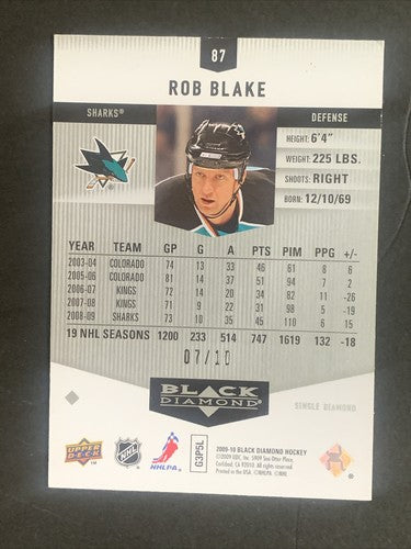 2009-10 Upper Deck Black Diamond GOLD #7/10 Rob Blake Hof Sharks Rare