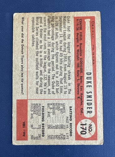 1954 Bowman Set-Break #170 Duke Snider VG- Light Crease Centered Great Color
