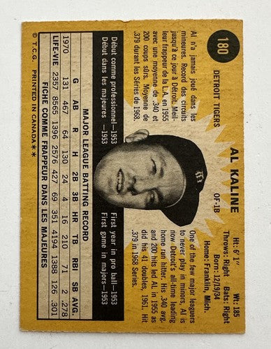 1971 O-Pee-Chee Al Kaline #180 TIGERS Ex Nice Hof Tigers Opc Rare Card
