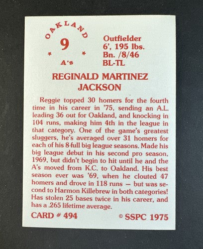 1975 SSPC Set-Break #494 Reggie Jackson Mint Centered Razor Sharp