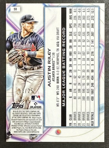 2023 Topps Chrome Cosmic 50 Austin Riley Orange Wave Refractor /25 SSP Braves Mt