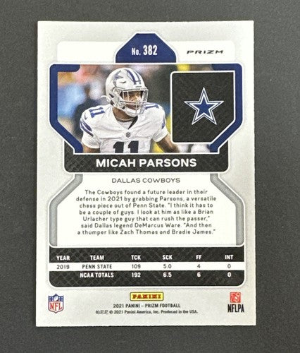 2021 Panini Prizm Micah Parsons RC Black & White Checkerboard 382 Cowboys Rookie