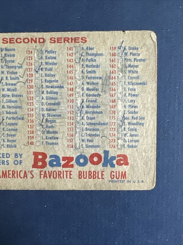 1957 topps baseball checklist 1st & 2nd Series Bazooka Bubble Gum Back Checked