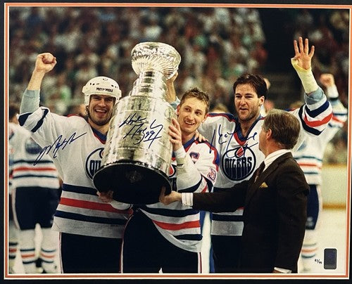 Wayne Gretzky Messier Lowe Signed 16x20 Framed Photo Oilers Stanley Cup Auto WGA