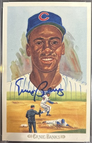 ERNIE BANKS SIGNED PEREZ STEELE Celebration Postcard PSA Coa Mint Auto Cubs HOF