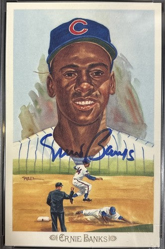 ERNIE BANKS SIGNED PEREZ STEELE Celebration Postcard PSA Mint HOF Auto Cubs