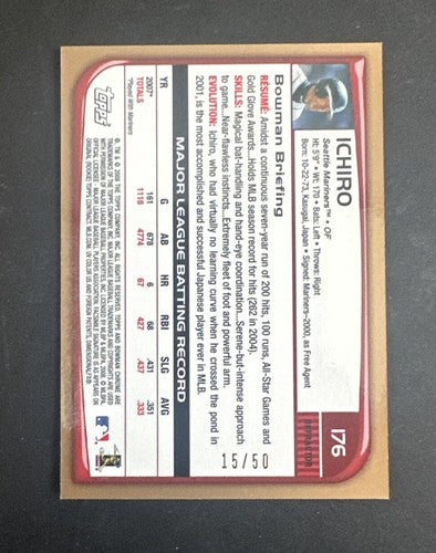 2008 Bowman Chrome Baseball ICHIRO #176 GOLD REFRACTOR 15/50 Mint Mariners