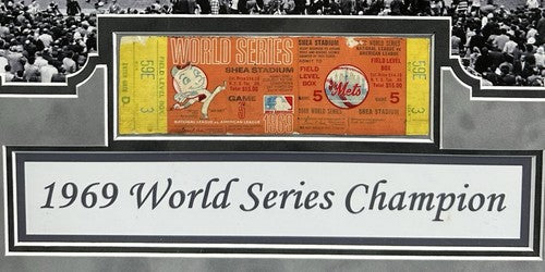 1969 NY Mets World Series Game 5 Full Ticket Framed w/ Photo Suede Shea Stadium