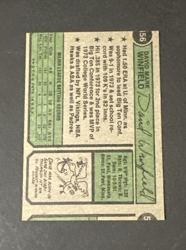 DAVE WINFIELD 1974 TOPPS #456 Rookie Error Cut Nm Beauty Padres HOF Rc