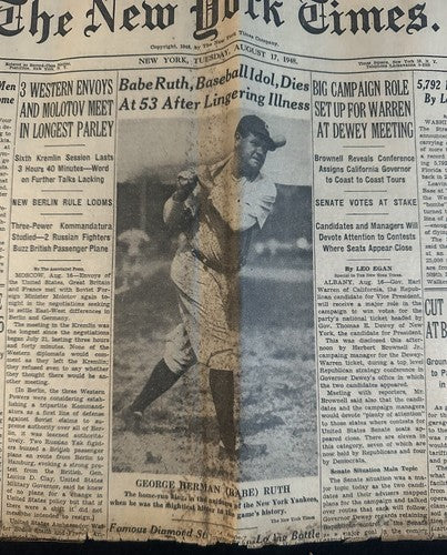 August 17 1948 New York Times Newspaper Article Section Babe Ruth Death Dies