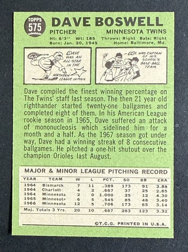 1967 Topps Set-Break #575 Dave Boswell Near Mint Nm Crisp Sharp Rc High # Twins