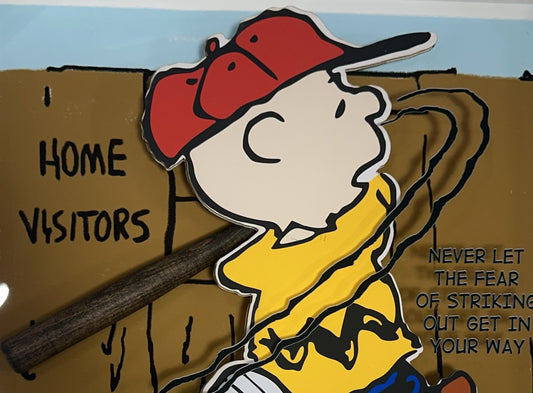 Charlie Brown Peanuts Framed 3D Shadowbox W/mini Baseball Bat Striking Out Quote