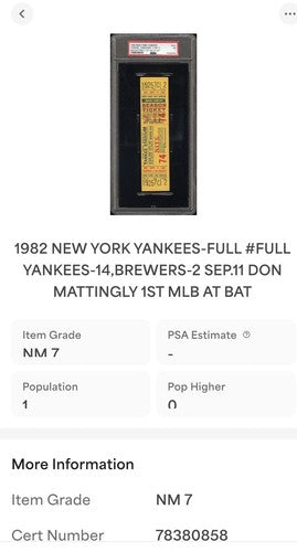 Don Mattingly Yankees 1st Mlb At Bat FULL Ticket 9/11 1982 Psa 7 Pop 1 Rookie