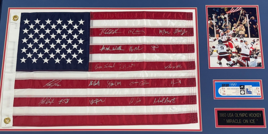 1980 Miracle ICE Hockey ALL 20 On Team Signed Framed USA Flag Auto JSA Eruzione
