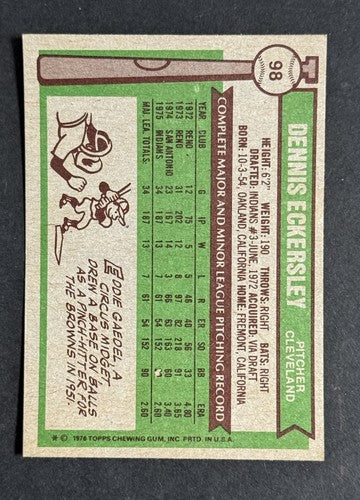 1976 TOPPS #98 DENNIS ECKERSLEY ROOKIE DEAD CENTERED WOW Near Mint Nm HOF